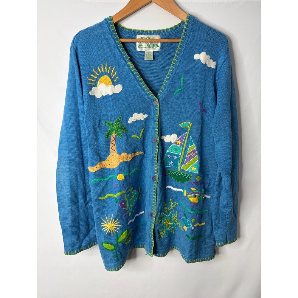 VTG Quacker Factory Cardigan Sweater Sz L Blue Tropical Nautical Embroidered